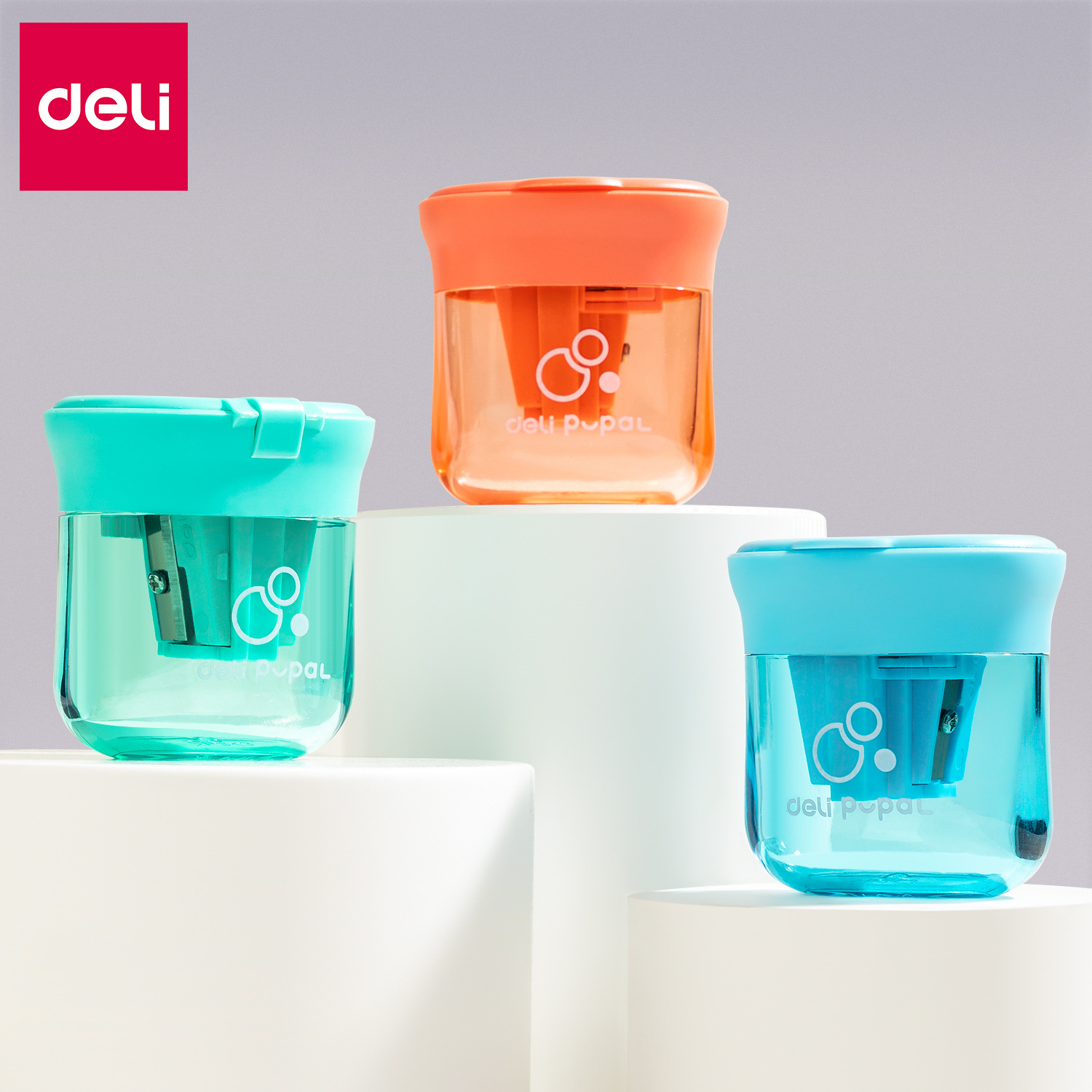 Déli tres agujeros mini afilador de lápiz manual afilador de lápiz para niños afilador de lápiz portátil gran caja de chips