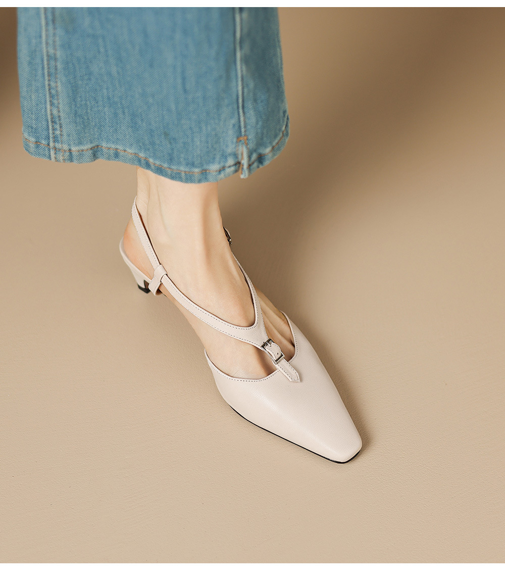Sandal nữ quai ngang mũi kín da cừu gót thô 4 cm phong cách Hàn Quốc — đen chi tiết 10