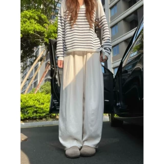 夏季透气薄款米白弯刀阔腿裤女高腰垂感微胖MM显瘦休闲慵懒感长裤