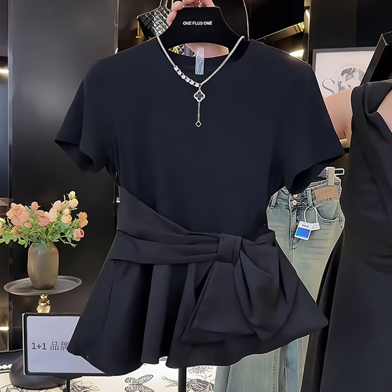 French Style Elegant Design Bow Irregular Lotus Leaf Swing Top Summer Unique Niche Black Round Neck T-Shirt