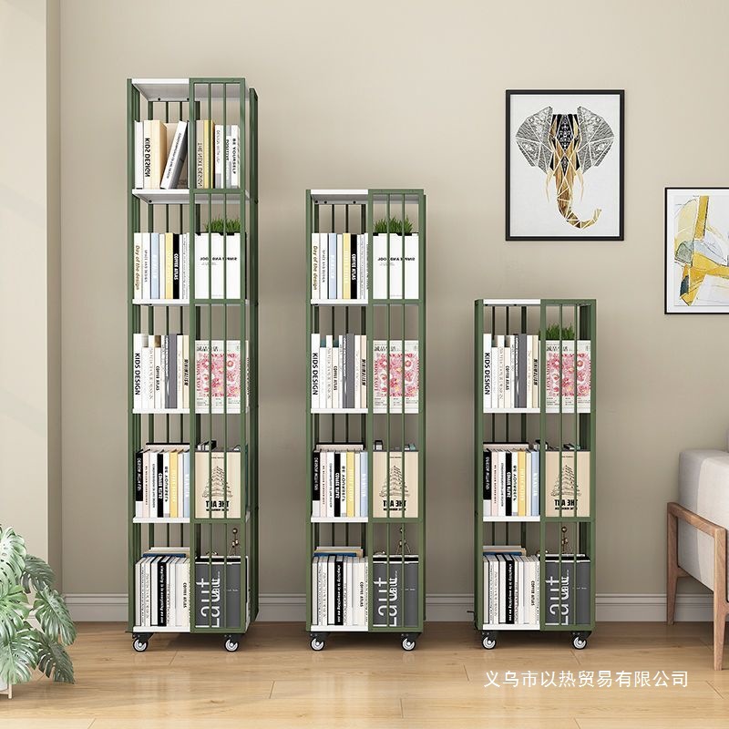 Mobile Bookshelf Rotating Simple Bookshelf with Wheels for Home Storage 360 Iron Corner Floor-Standing Bookcase Storage Rack