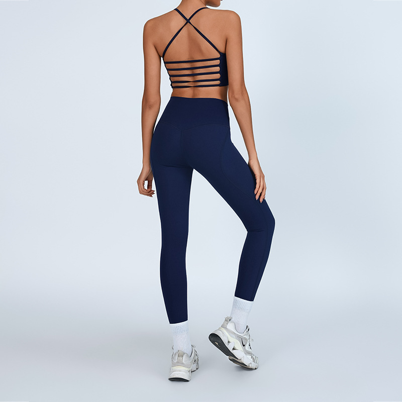Traje de fitness deportivo de comercio exterior europeo y americano, desnudo femenino con almohadilla para el pecho, chaleco trasero de yoga, cintura alta, pantalones de melocotón de secado rápido image 2