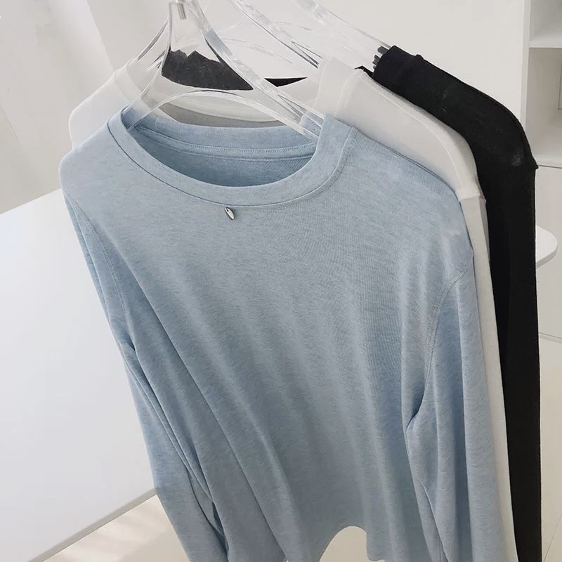 軽くて涼しい/柔らかくシルキーなリヨセルテンセルTシャツ夏通気性ルーズ多用途スリムラウンドネック長袖女性用|undefined