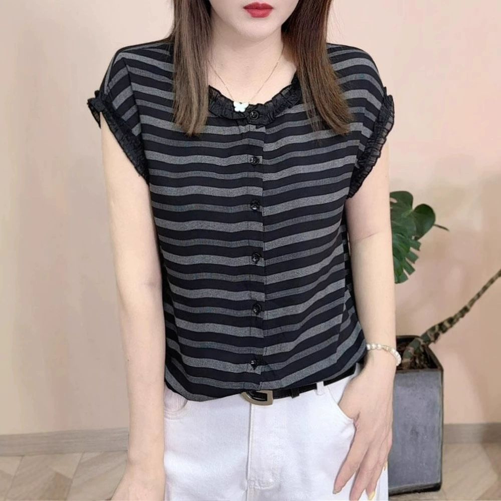 Крутая тонкая рубашка с короткими рукавами и круглым вырезом с рюшами, новинка лета 2025 года, Z, повседневные модные женские топы среднего возраста