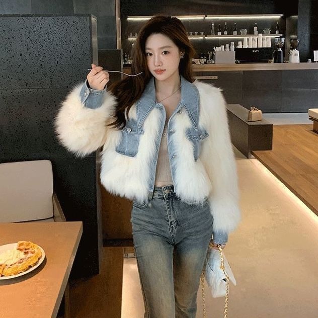 牛仔拼接毛毛短外套仿皮草加棉加厚小个子女冬季高腰时尚短款上衣
