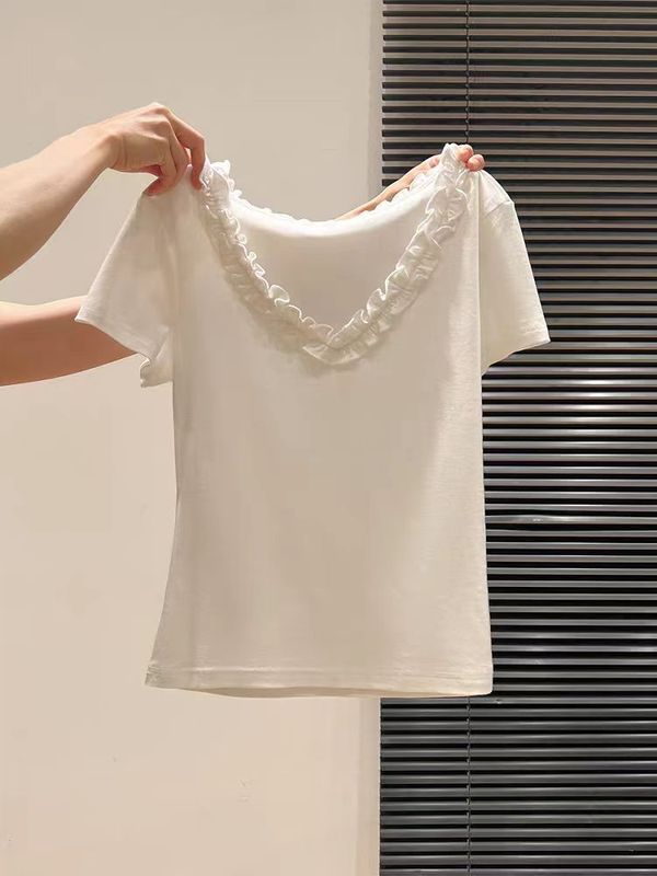 純綿フレンチ V ネックレースステッチ白半袖 T シャツ女性のための夏 2025 新しいスリムフィットホットガールトップ|undefined