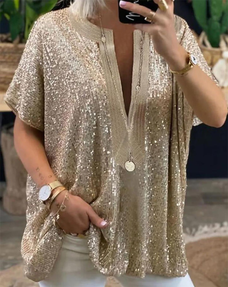 Camicia donna con paillettes scollo a v manica corta top largo_voghion.com