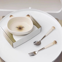 漫画かわいいシャム猫ミセラミックボウル家庭用子供食器セット食事ボウルステンレススプーンフォークセット