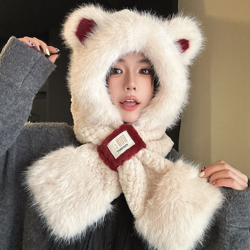 可爱拼色毛绒小熊帽子围巾一体女款冬季加厚保暖骑行护耳连帽围脖|undefined