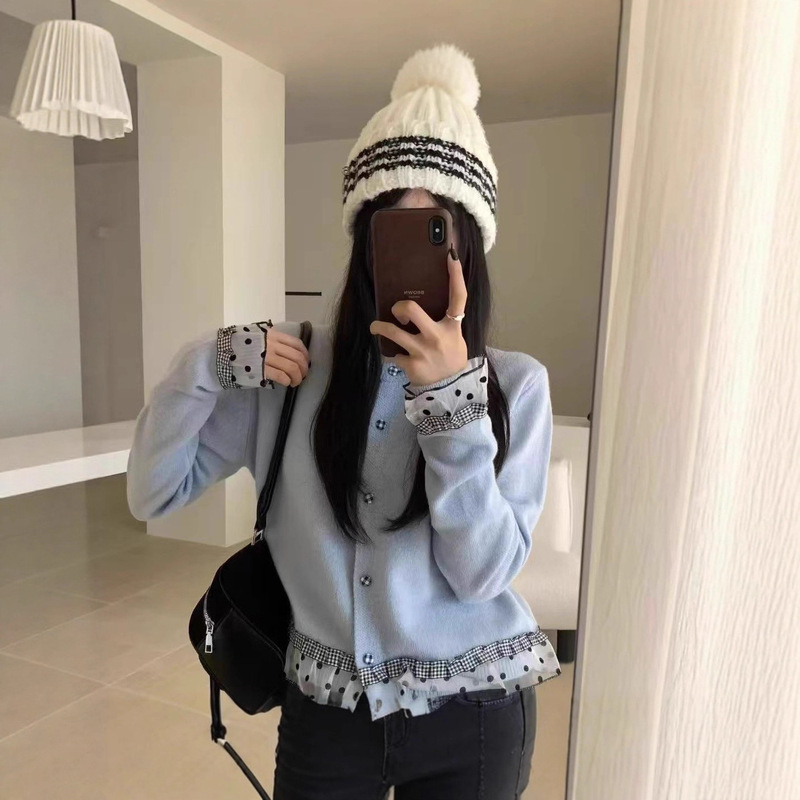 Korean-Style Sweet Lace Color-Blocked Sweater Women's Knit Cardigan Autumn and Winter Loose Lazy Style Elegant Short Top Women