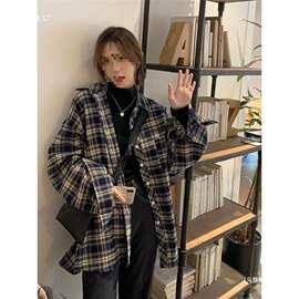 设计感小众长袖衬衣女春季复古格子衬衫外套宽松休闲polo衫上衣潮