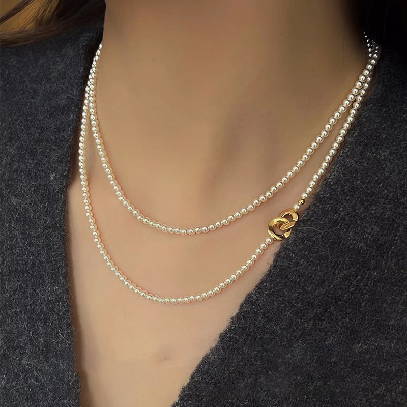 Estilo de moda francés, collar de perlas con hebilla de doble capa, diseño simple, temperamento, cadena de clavícula, joyería de alta calidad