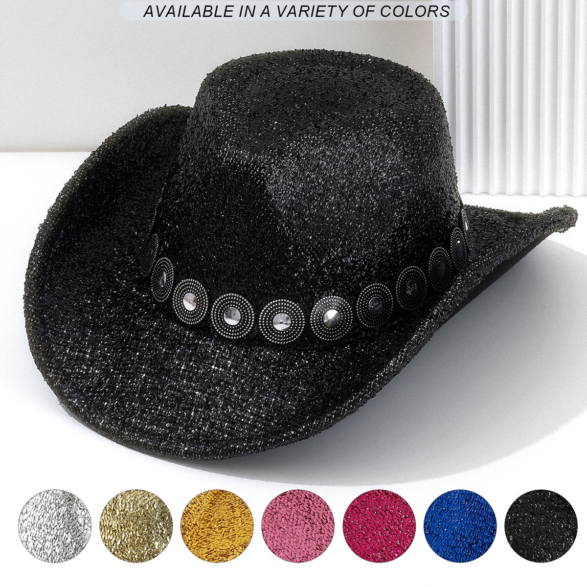 Men's and women's neutral western cowboy hat, European and American style hat accessories three-dimensional point diamond round belt riding performance