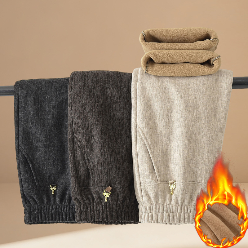 2025 Autumn and Winter Middle-Aged and Elderly Women's Clothing, Fleece-Lined Warm Pants, Casual Elastic Waist, Loose Straight Pants, New Women's Clothing