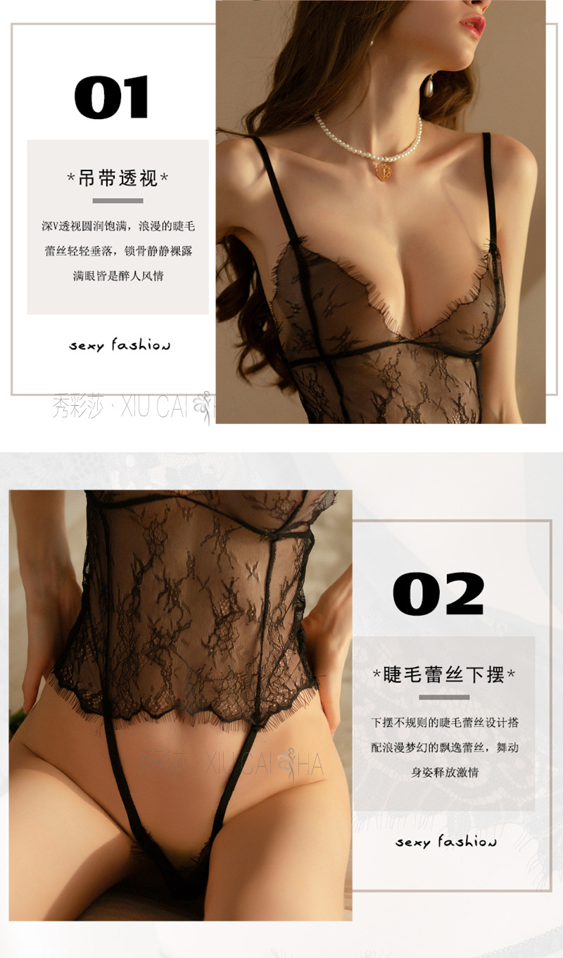 Women’s Sheer Lace Teddy Bodysuit, Black One-Size Roleplay Lingerie — detail image 4