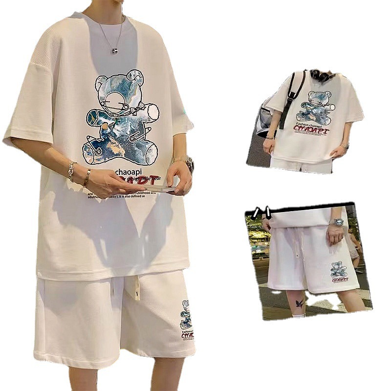 Suministro directo de fábrica traje de waffle verano de los hombres de manga corta Camiseta marca de moda juvenil ropa deportiva casual de dos piezas