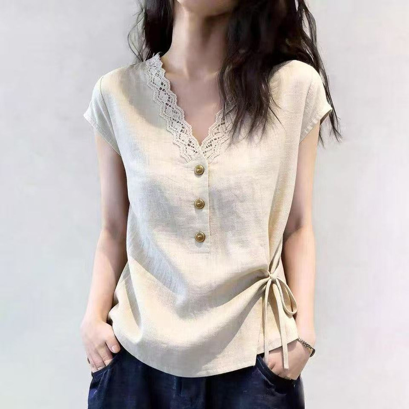 【In-Stock Direct Shipment】Cotton and Linen Short-Sleeve Shirt, Slimming and Versatile, New Summer Style, Lace V-Neck, Lightweight with Wide Side Ties for Women 【In-Stock Direct Shipment】Cotton and Linen Short-Sleeve Shirt, Slimming and Versatile, New Summer Style, Lace V-Neck, Lightweight with Wide Side Ties for Women