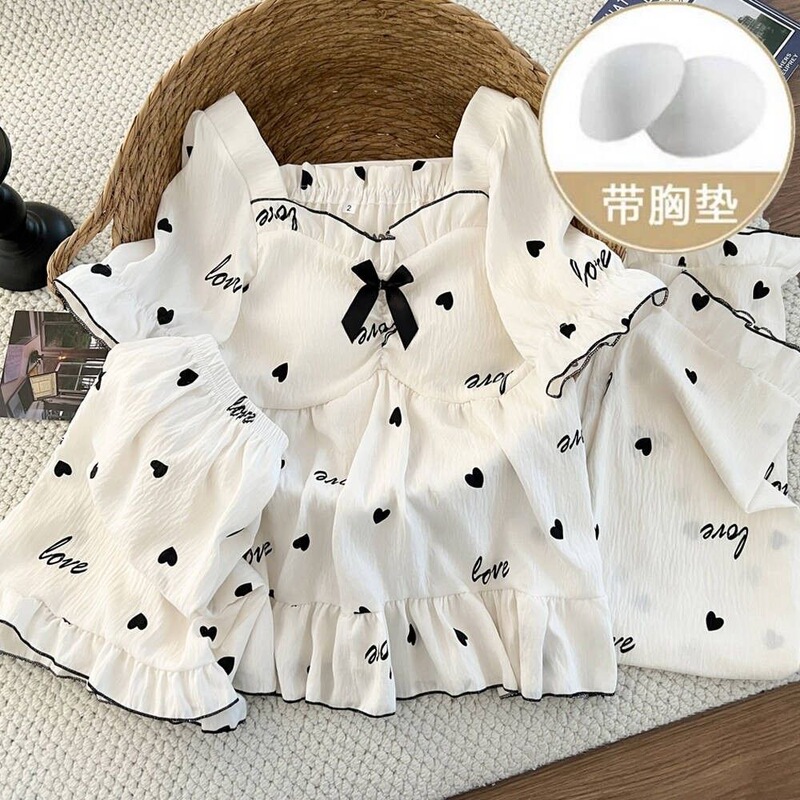 Live-Stream Popular Summer Pajamas for Women: Short-Sleeve Top, Shorts, Long Pants, Cloud Cotton with Chest Pads, Heart-Shaped Home Wear Set Live-Stream Popular Summer Pajamas for Women: Short-Sleeve Top, Shorts, Long Pants, Cloud Cotton with Chest Pads, Heart-Shaped Home Wear Set