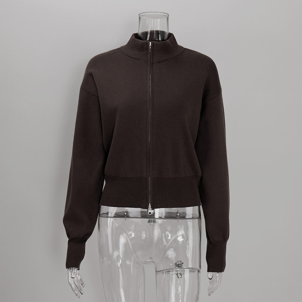 Áo khoác cardigan len dệt kim cổ đứng khóa kéo hai chiều dài tay — Màu nâu cà phê, Màu trắng, màu đen, màu đỏ chi tiết 29