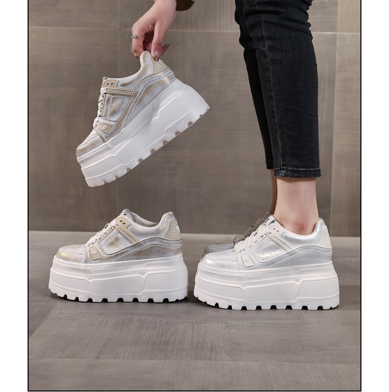 Giày sneaker nữ đế dày độn cao bên trong, phong cách thời trang dáng nhỏ — Màu vàng sâm panh chi tiết 17