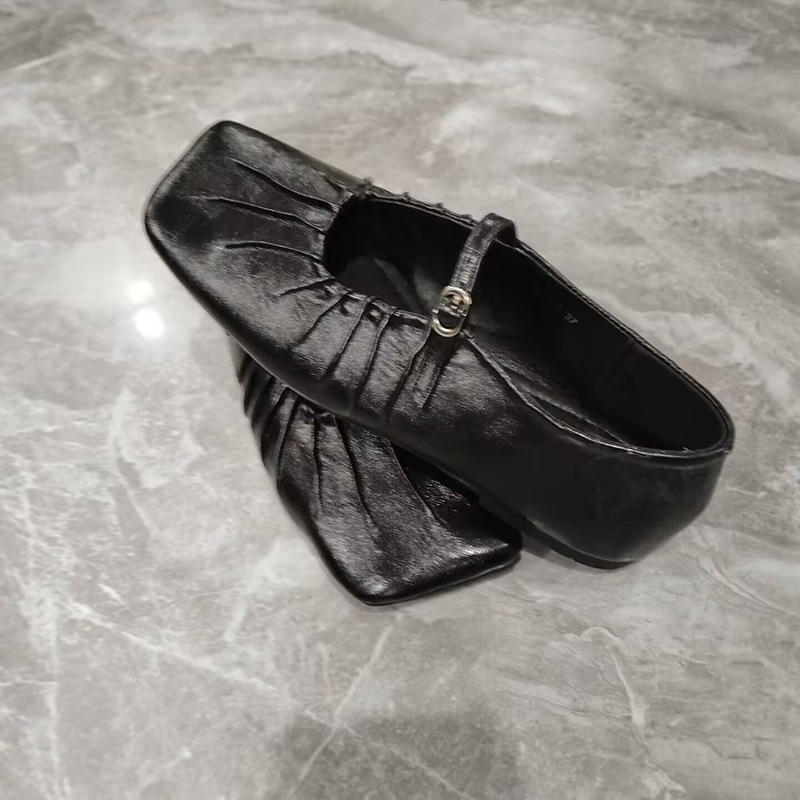 Mary Jane Square-toe Shoes Women's 2025 Spring and Autumn New Shallow Mouth Pleated Soft One-line Buckle Flat Non-slip Ballet Shoes