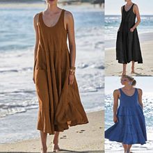 2021春季欧美外贸跨境女装无袖 棉麻纯色多层沙滩连衣裙 源头工厂