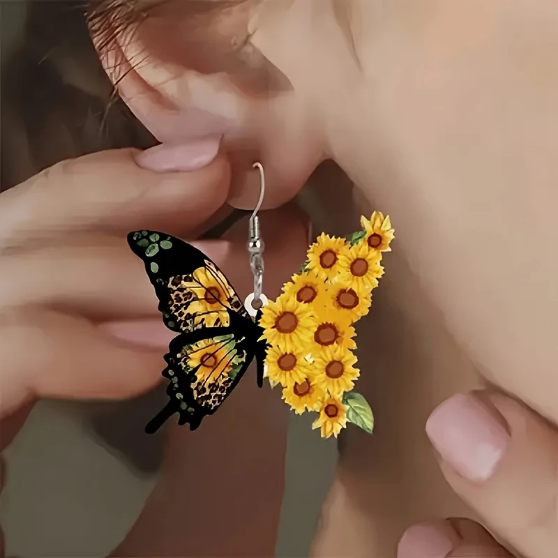 Cross-Border Butterfly Acrylic Flat Sunflower Earrings 2D Cartoon Butterfly Shape Ladies Daily Wear Earrings