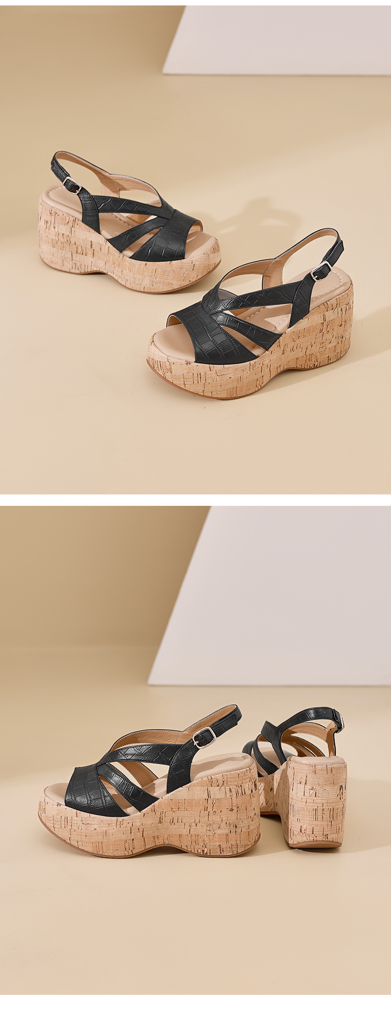 Sandal cao gót nữ hở mũi đế xuồng platform 10cm phong cách La Mã — màu đen, màu trắng ngà chi tiết 13