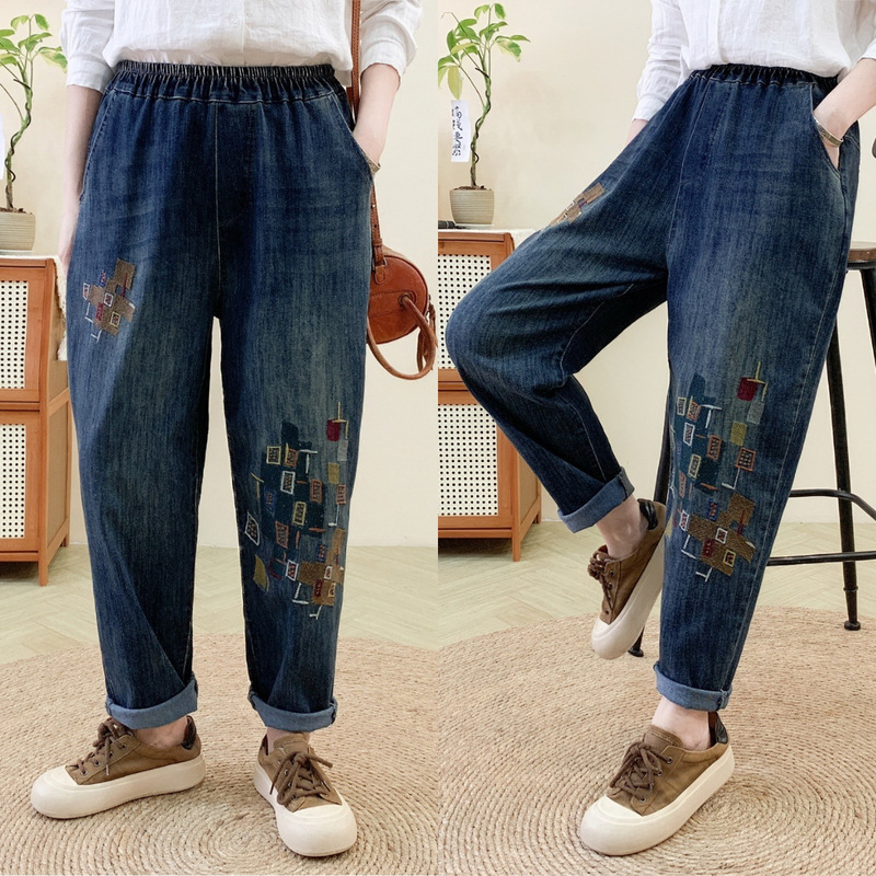 文学レトロ花刺繍ストレッチジーンズ女性の春夏の新しいルーズプラスサイズスリム多用途ハーレムパンツ|undefined