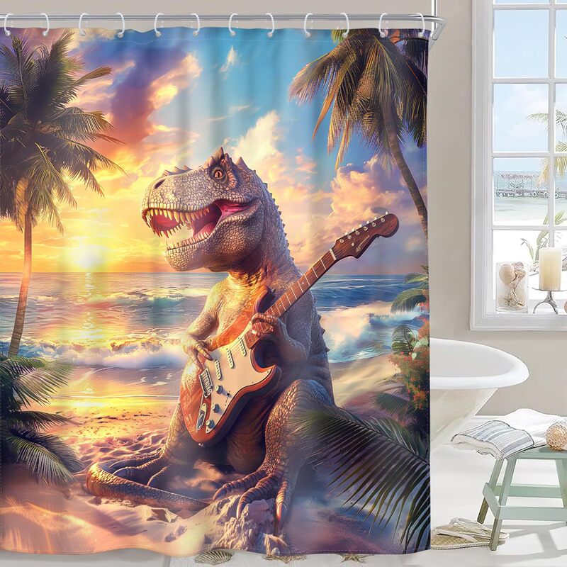 Beach Funny Dinosaur Shower Curtain Marine Dinosaur Tropical Palm Leaves Hawaii Coastal Sunrise Trex Raptor