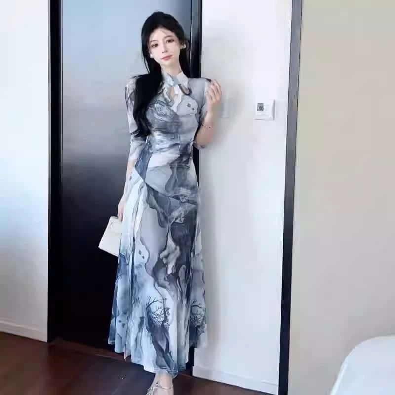 2024 новое улучшенное платье-чонсам в стиле шинуазри, элегантное, стройное, сексуальное, с высоким разрезом, женская длинная юбка для лета и осени