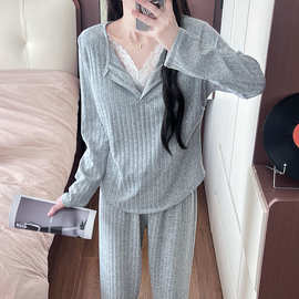 HY2856# 春夏新款情侣居家睡衣针织坑条休闲时尚家居服套