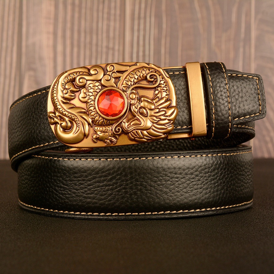 中国龙系列自动扣男士腰带头层牛皮时尚休闲纯皮皮带个性牛仔裤带