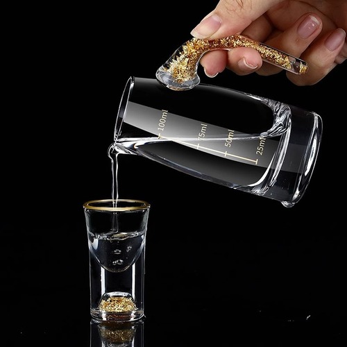 Gold-Leaf Blue Mountain-Style Measuring Wine Pourer Set: Glass Liquor Dispenser with Bullet-Shaped Glasses—Perfect for Home and Commercial Use