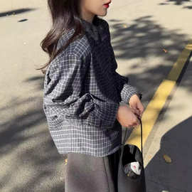 简梦格子衬衫 2026春季新款 蕾丝翻领小个子休闲上衣小衫女3119