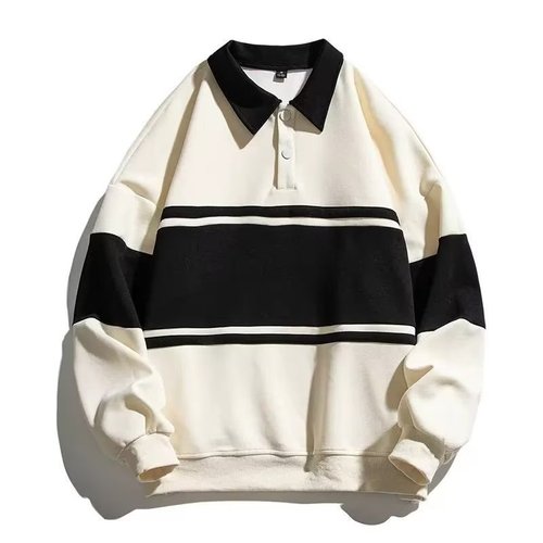 Men's Striped Sweatshirt Spring Hong Kong Style Collar Loose Long Sleeve Cotton Couple's Top POLO Shirt