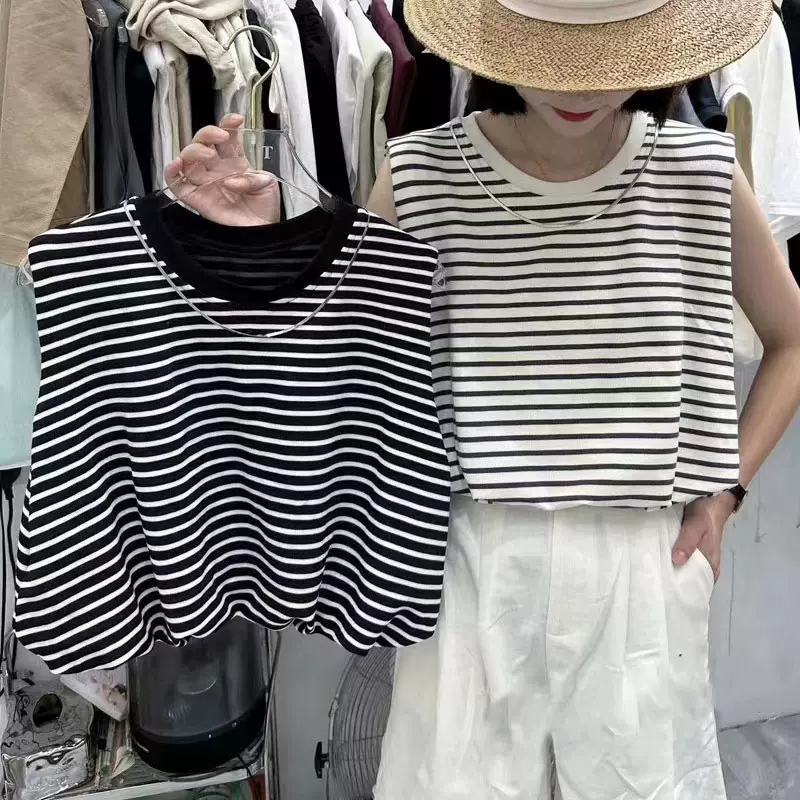 夏装圆领短款无袖恤女2023百搭宽松休闲背心链条上衣潮潮流穿搭