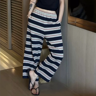 日常舒适风藏青色条纹宽松休闲裤女春夏阔腿裤简约遛弯裤女薄款