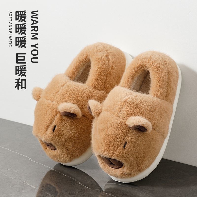 かわいいカピバラ綿スリッパ女性の冬暖かい厚底滑り止め耐摩耗性屋内メンズバッグヒール綿スリッパ
