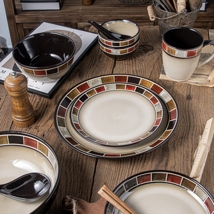 European Style Kiln Glaze Ceramic Tableware Creative Plate suit Salah Bowl Rice Bowl Steak Disc Fish Plate Mug