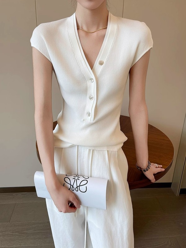 ホワイト二重層 V ネック半袖 Tシャツ女性の夏の 2025 新しいスリムファッションシンプルな気質トップ|undefined