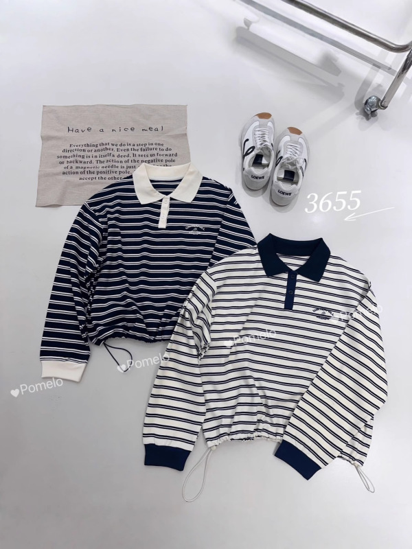 3655长袖2025秋新款女紫米刺绣条纹休闲POLO领T恤即墨卫衣厂|undefined