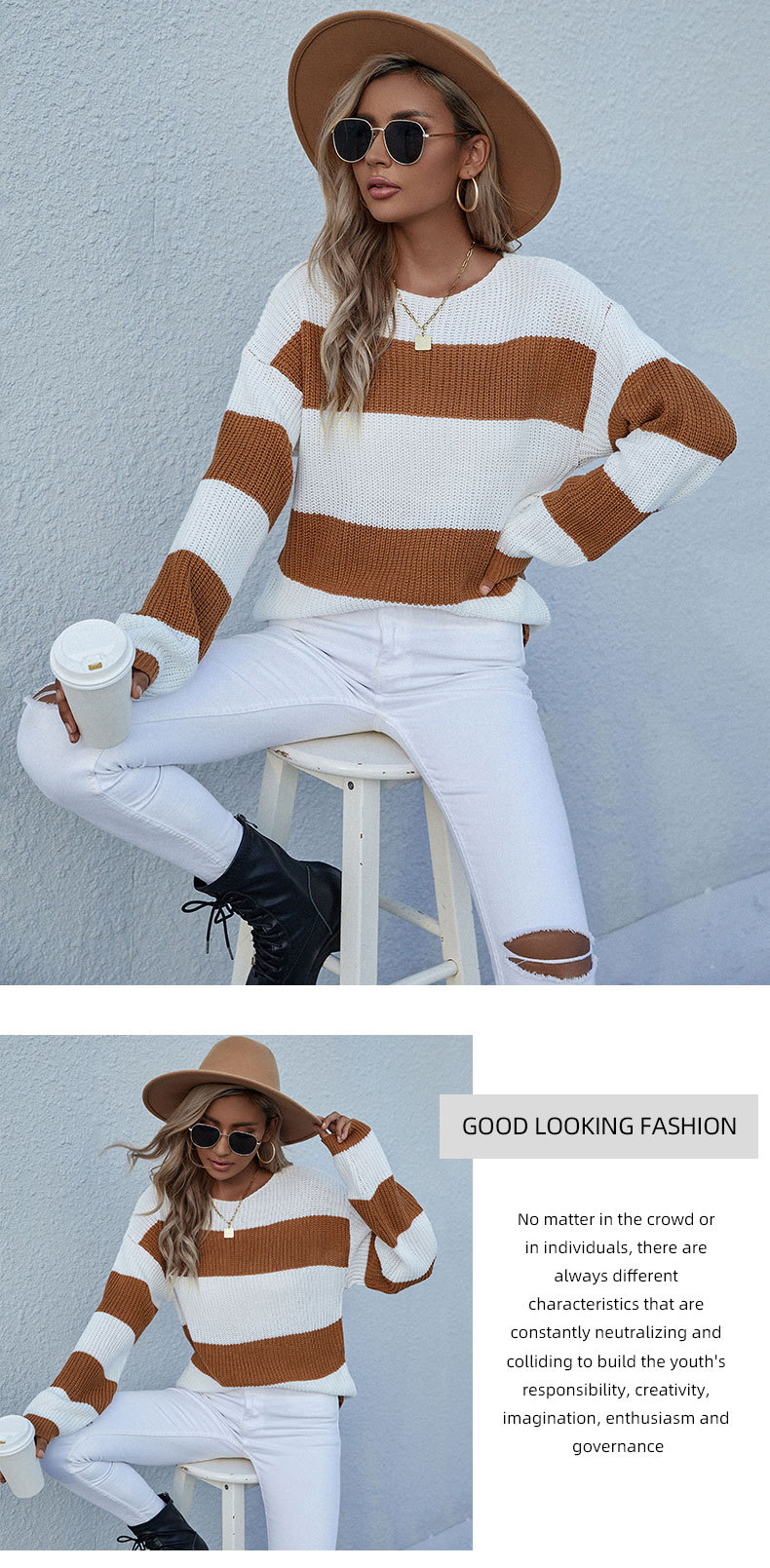 winter long-sleeved loose round neck stripped color matching sweater nihaostyles wholesale clothing NSDMB93695