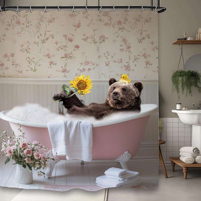 Cross-Border Supply of Fun Bear Farmhouse Bathroom Shower Curtains, Rural Animals, Wildlife, Women's Bathroom Shower Curtains