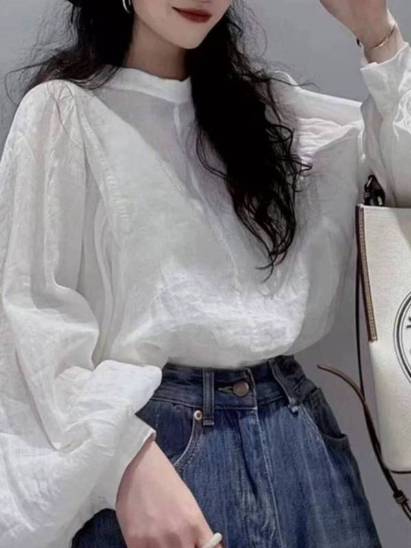 天丝亚麻白色灯笼袖长袖棉麻衬衫女秋季小众洋气泡泡袖防晒上衣秋|undefined