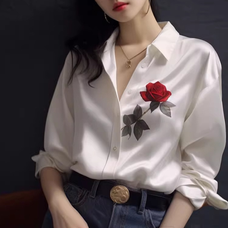 White Printed Acetate Satin Shirt for Women, Light and Luxurious Lady Top, Chic Temperament Long-Sleeved Shirt