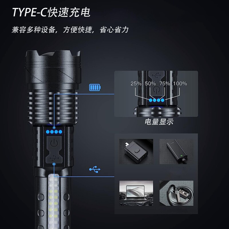 越境強力懐中電灯、屋外強力ライト、ポータブル緊急照明、充電式超長寿命多機能COBライト|undefined