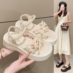 Sandals women's summer outdoor wear beautiful fairy style 2025 new with skirt flower thick bottom high heel sandals wholesale