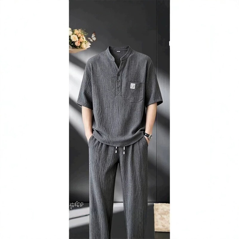Summer New Chinese Style Casual Suit for Men, V-Neck Loose Tea Outfit, Short Sleeve, Thin Wrinkled Two-Piece Set, Trendy Brand