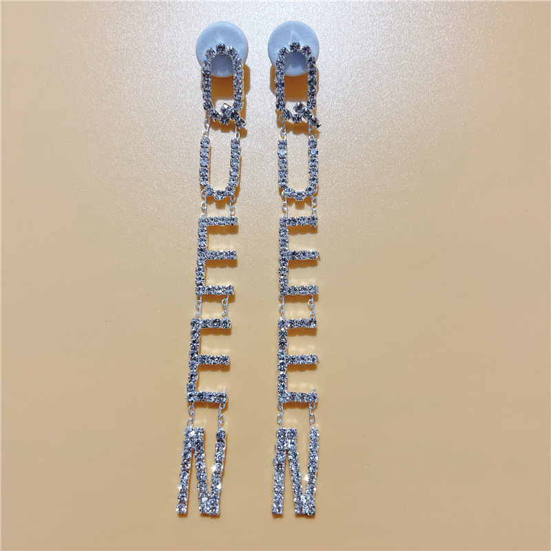 fashion english letter QUEEN alloy earrings long tassel rhinestone earringspicture4